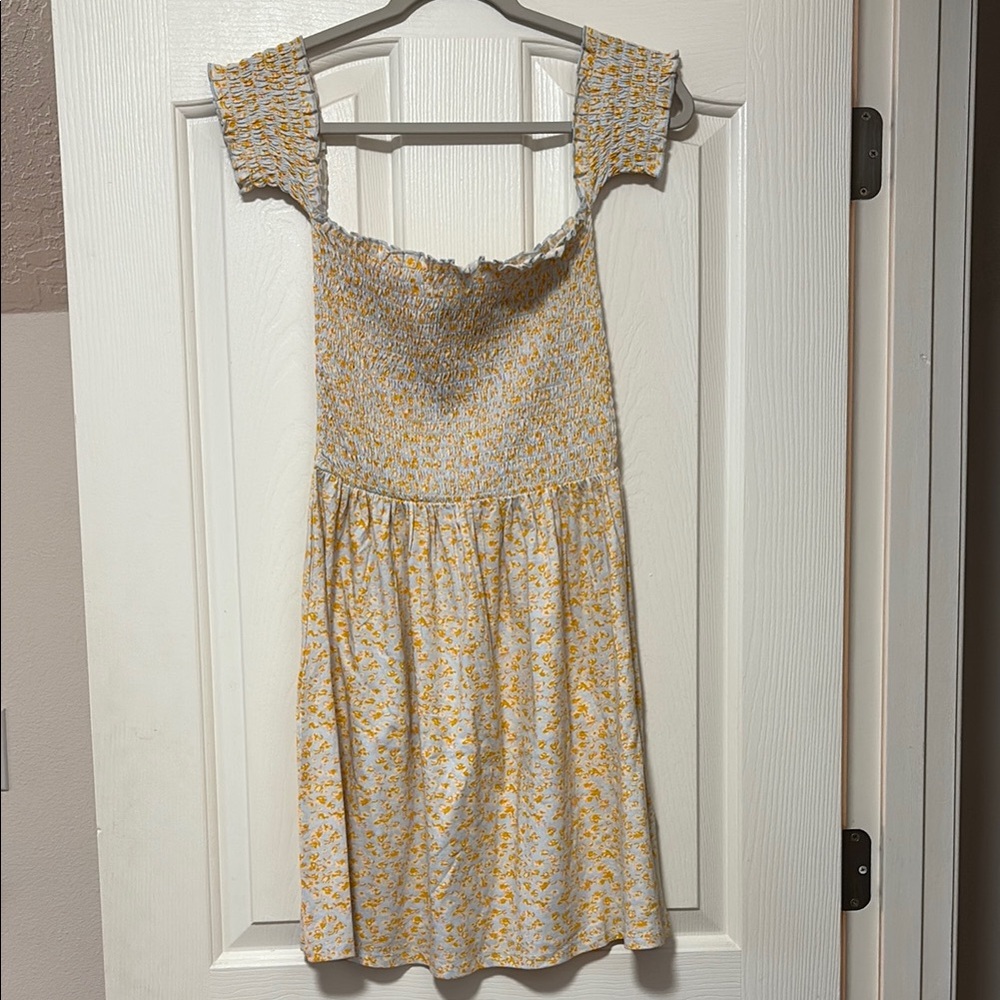 Billabong Light Blue and Yellow Smocked Off the Shoulder Dress